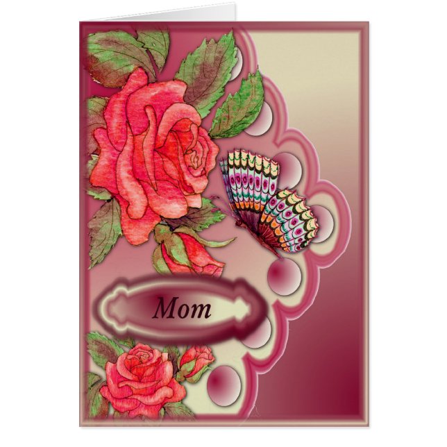 Mum with red roses and butterfly on cream and pink (Front)