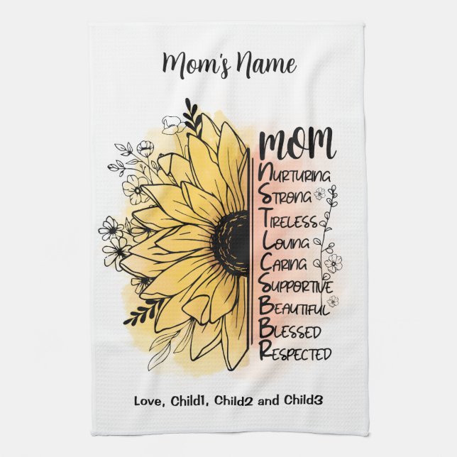 Mum Words Personalised Dahlia Flower Kids Mum Name Tea Towel (Vertical)