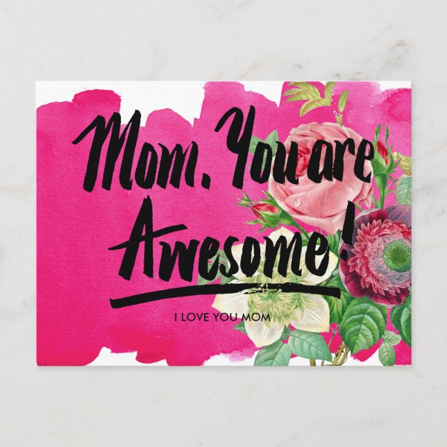 Mum, You Are Awesome Vintage Botany Calligraphy Postcard (Front)