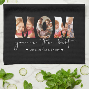 Mum You're the Best Quote Black Photo Collage Tea Towel