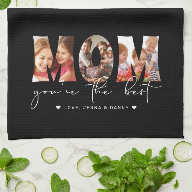 Mum You're the Best Quote Black Photo Collage Tea Towel (Folded)