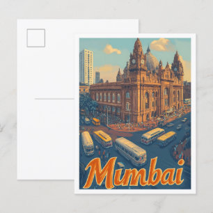 Mumbai India Art Vintage Travel Illustration Postcard
