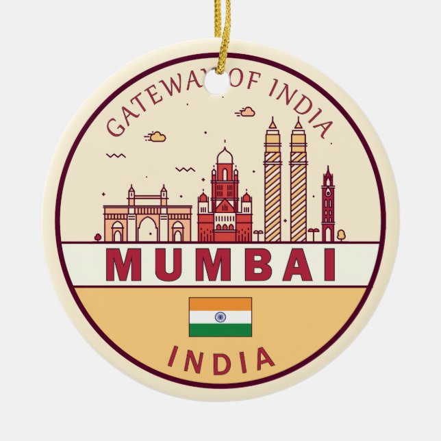 Mumbai India City Skyline Emblem Ceramic Tree Decoration (Front)