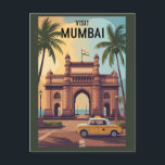 Mumbai India Gateway of India Illustration Travel  Postcard<br><div class="desc">Mumbai retro vector travel design. From the iconic Gateway of India to the energy of Bollywood and Marine Drive,  Mumbai pulses with culture,  commerce,  and creativity.</div>