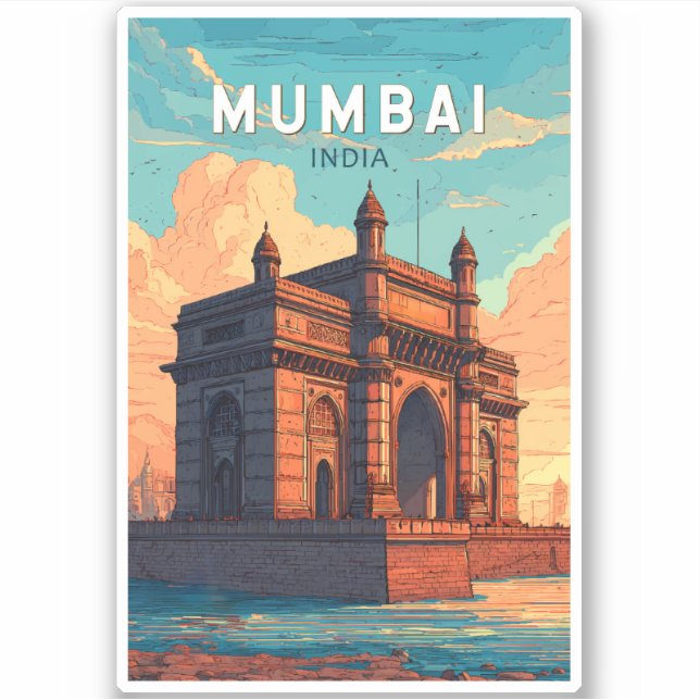 Mumbai India Illustration Travel Art Vintage (Front)