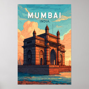Mumbai India Illustration Travel Art Vintage Poster