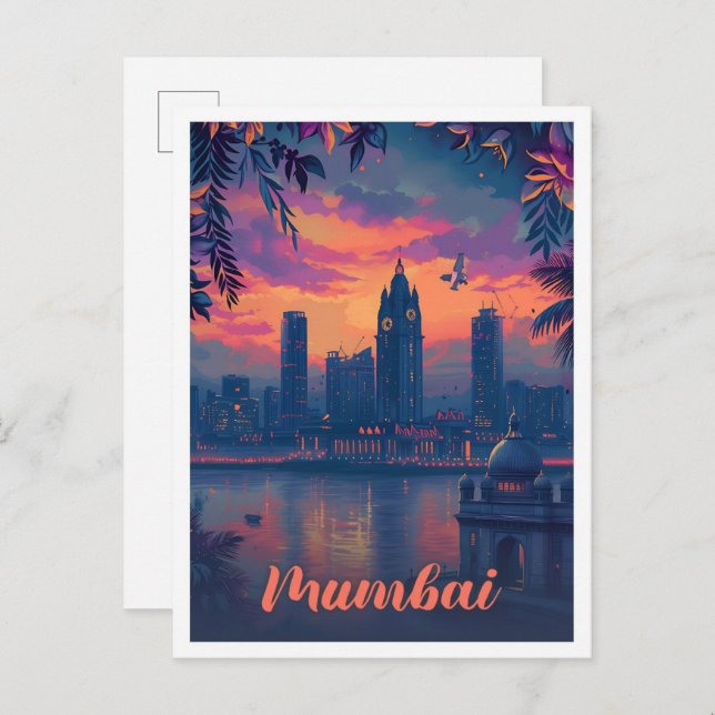 Mumbai India Vintage Art Travel Illustration Postcard (Front/Back)
