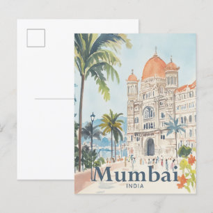 Mumbai India Watercolor Painting Travel Postcard