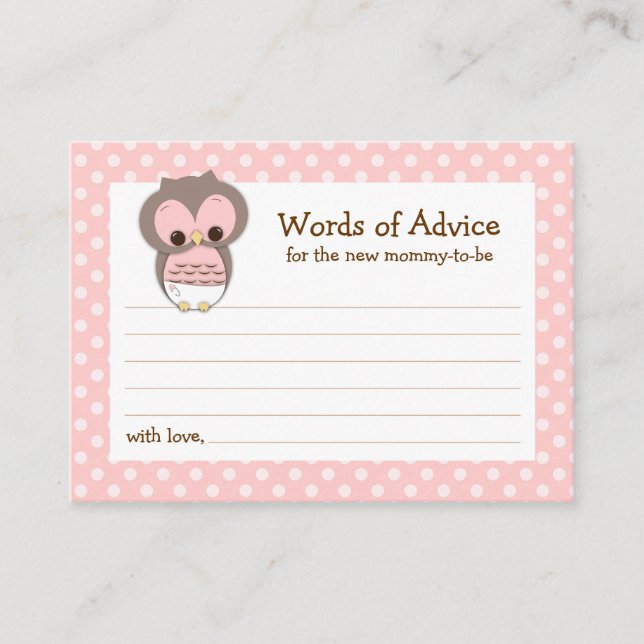Mummy Advice Card Owl Baby Shower | Pink (Front)