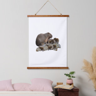 Mummy And Baby Capybaras, Hanging Tapestry