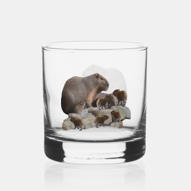 Mummy And Baby Capybaras, Whiskey Glass (Front)
