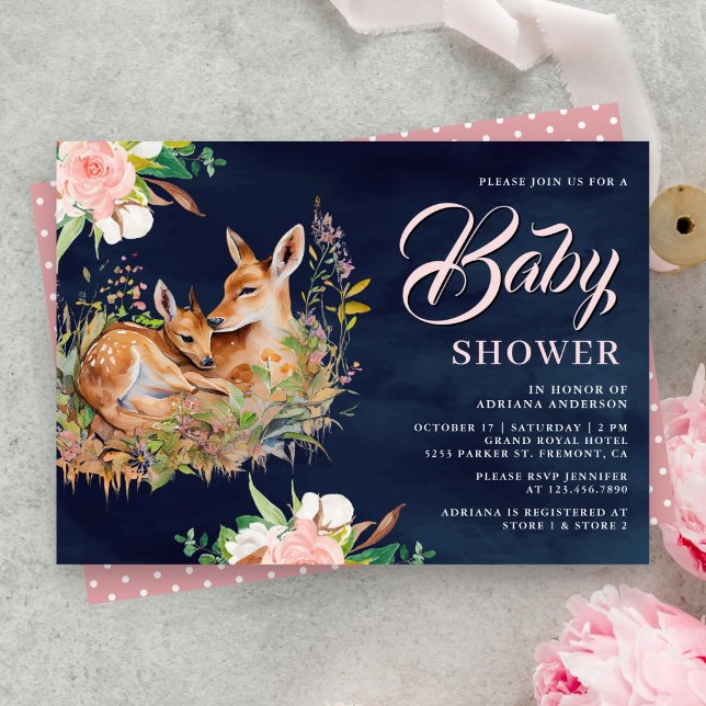 Mummy and Baby Deer Floral Navy Blue Baby Shower Invitation (Creator Uploaded)