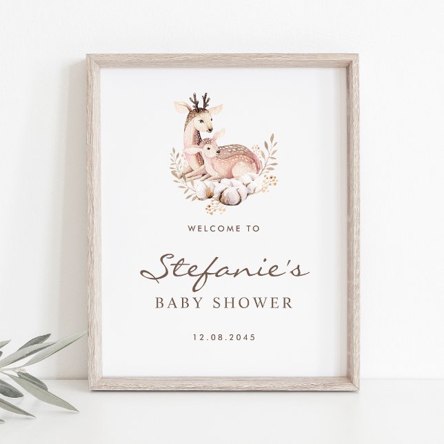 Mummy and Baby Deer Woodland Baby Shower Welcome Poster (Woodland theme baby shower welcome sign featuring watercolor mommy and baby deer. )