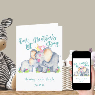 Mummy and Baby Elephant Teal 1st Mothers Day Card