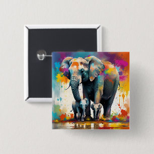 Mummy And Baby Elephants Colour Splash, 15 Cm Square Badge