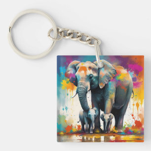 Mummy And Baby Elephants Colour Splash, Key Ring