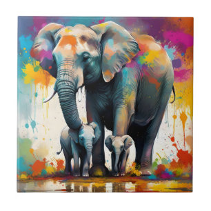 Mummy And Baby Elephants Colour Splash, Tile