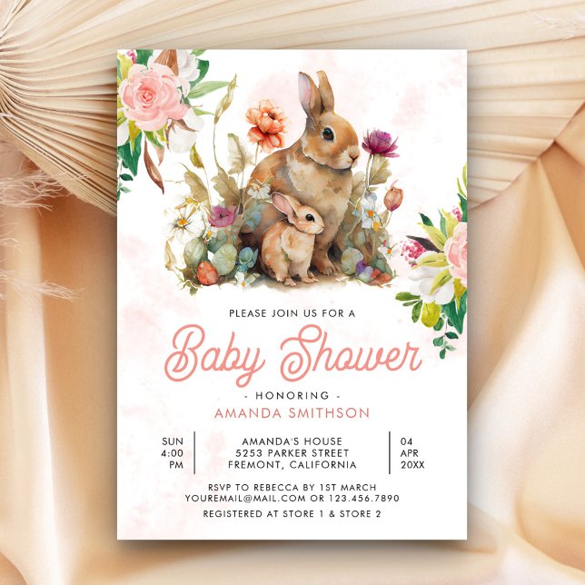 Mummy and Baby Floral Bunny Baby Shower Invitation (Creator Uploaded)