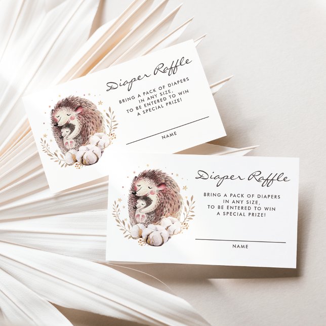 Mummy and Baby Hedgehog Baby Shower Diaper Raffle Enclosure Card (Woodland theme baby shower diaper raffle card featuring watercolor mommy and baby hedgehog.)