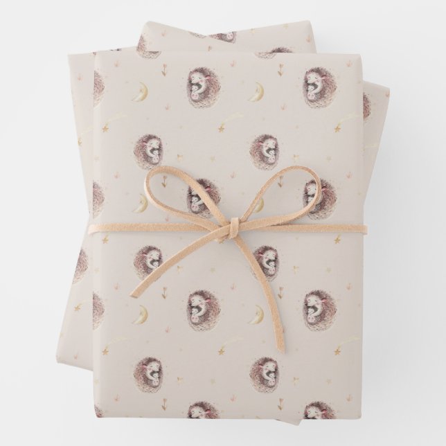 Mummy and Baby Hedgehog Pattern Woodland Wrapping Paper Sheet (In situ)