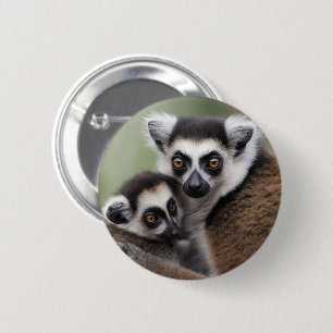 Mummy And Baby Lemur Cuddling, 6 Cm Round Badge