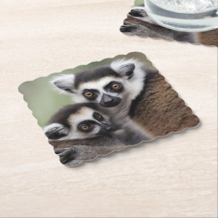 Mummy And Baby Lemur Cuddling, Paper Coaster