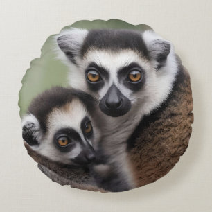 Mummy And Baby Lemur Cuddling, Round Cushion
