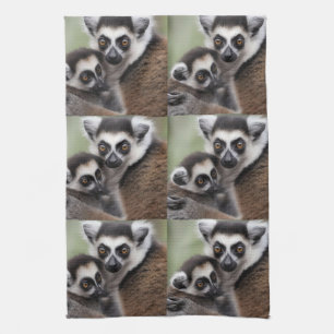 Mummy And Baby Lemur Cuddling, Tea Towel