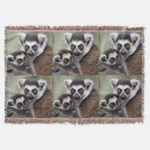 Mummy And Baby Lemur Cuddling, Throw Blanket