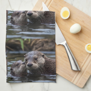 Mummy And Baby Otter Having A Cuddle In The River, Tea Towel