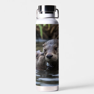 Mummy And Baby Otter Having A Cuddle In The River, Water Bottle