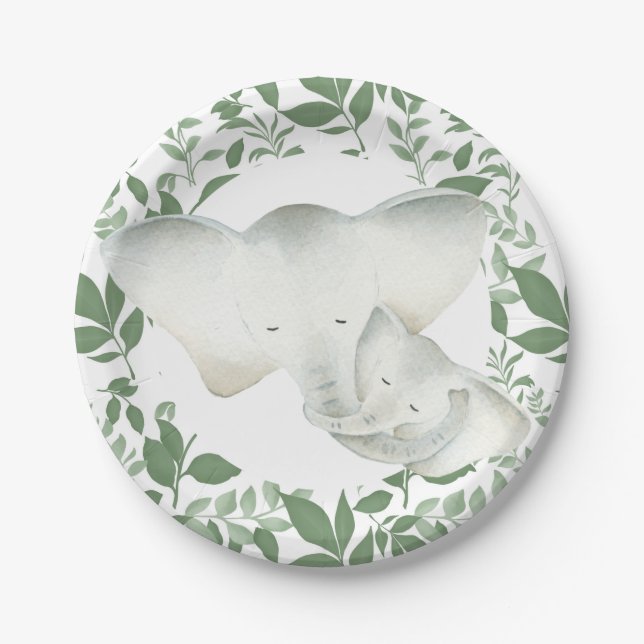 Mummy and baby unisex elephant party plate (Front)