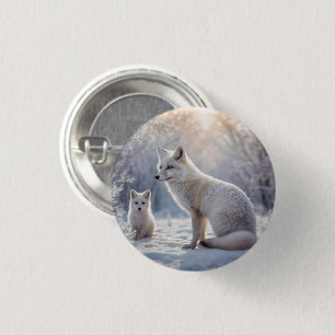 Mummy And Baby White Arctic Foxes, 3 Cm Round Badge