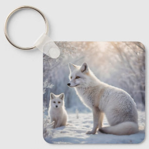 Mummy And Baby White Arctic Foxes, Key Ring