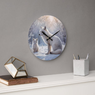 Mummy And Baby White Arctic Foxes, Large Clock