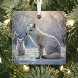 Mummy And Baby White Arctic Foxes, Metal Tree Decoration