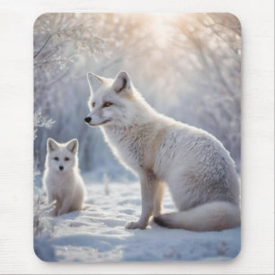 Mummy And Baby White Arctic Foxes, Mouse Mat