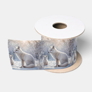 Mummy And Baby White Arctic Foxes, Satin Ribbon