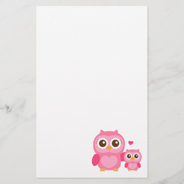 Mummy and Me, Cute Baby Owl, Pink Stationery (Front)