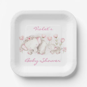 Mummy and Me Elephant Pastel Girl Baby Shower Paper Plate