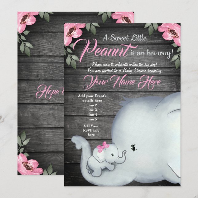 Mummy Baby Elephant Baby Shower Invitation, rustic Invitation (Front/Back)