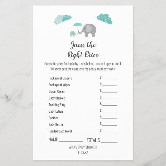 Mummy Baby Elephant Clouds The Right Price Game Flyer (Front)