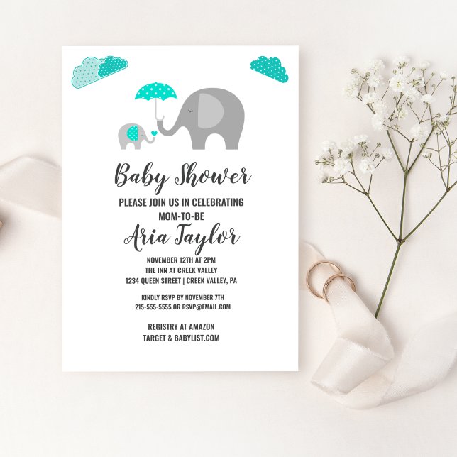 Mummy Baby Elephant with Clouds Baby Shower Invitation (Creator Uploaded)