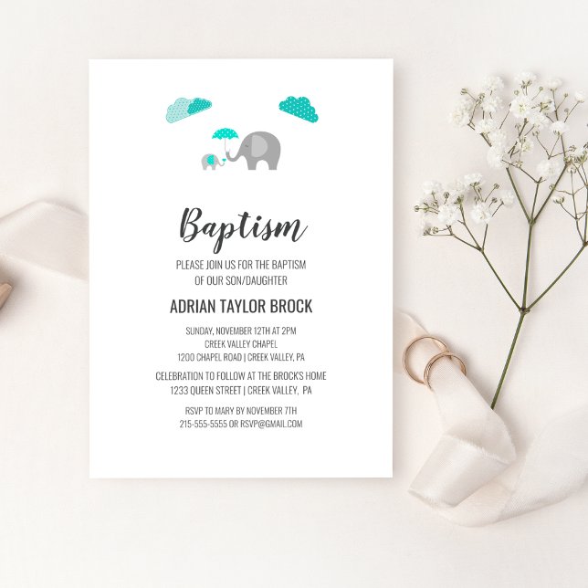 Mummy Baby Elephant with Clouds Baptism Invitation (Creator Uploaded)