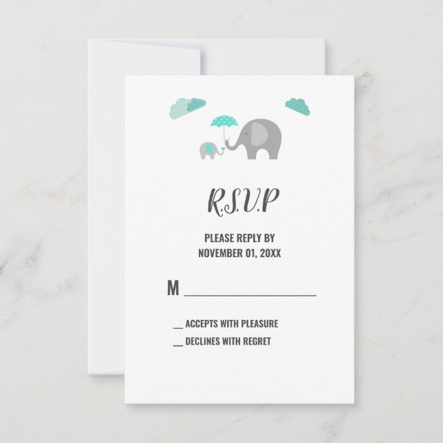 Mummy Baby Elephant with Clouds Shower RSVP Card (Front)