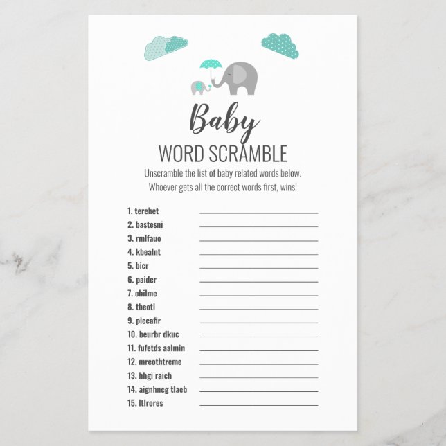 Mummy Baby Elephant with Clouds Word Scramble Game Flyer (Front)