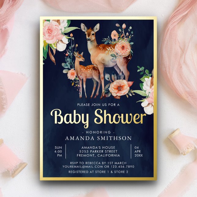 Mummy Baby Floral Deer Navy Blue Baby Shower Gold (Creator Uploaded)