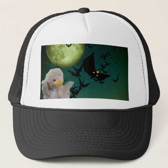Mummy, Bat & Moon Halloween Trucker Hat (Front)