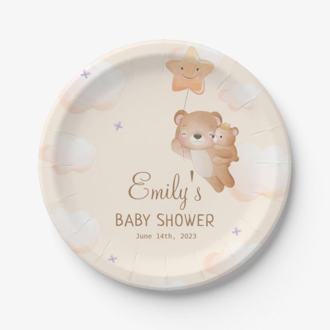 Mummy Bear Animal Cub Baby Shower Paper Plate (Front)
