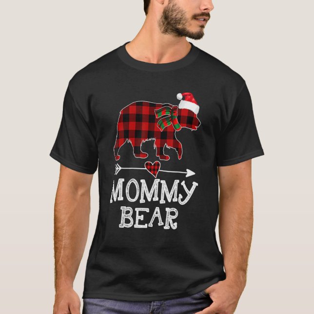 Mummy Bear Christmas Pajama Red Plaid Buffalo Fami T-Shirt (Front)